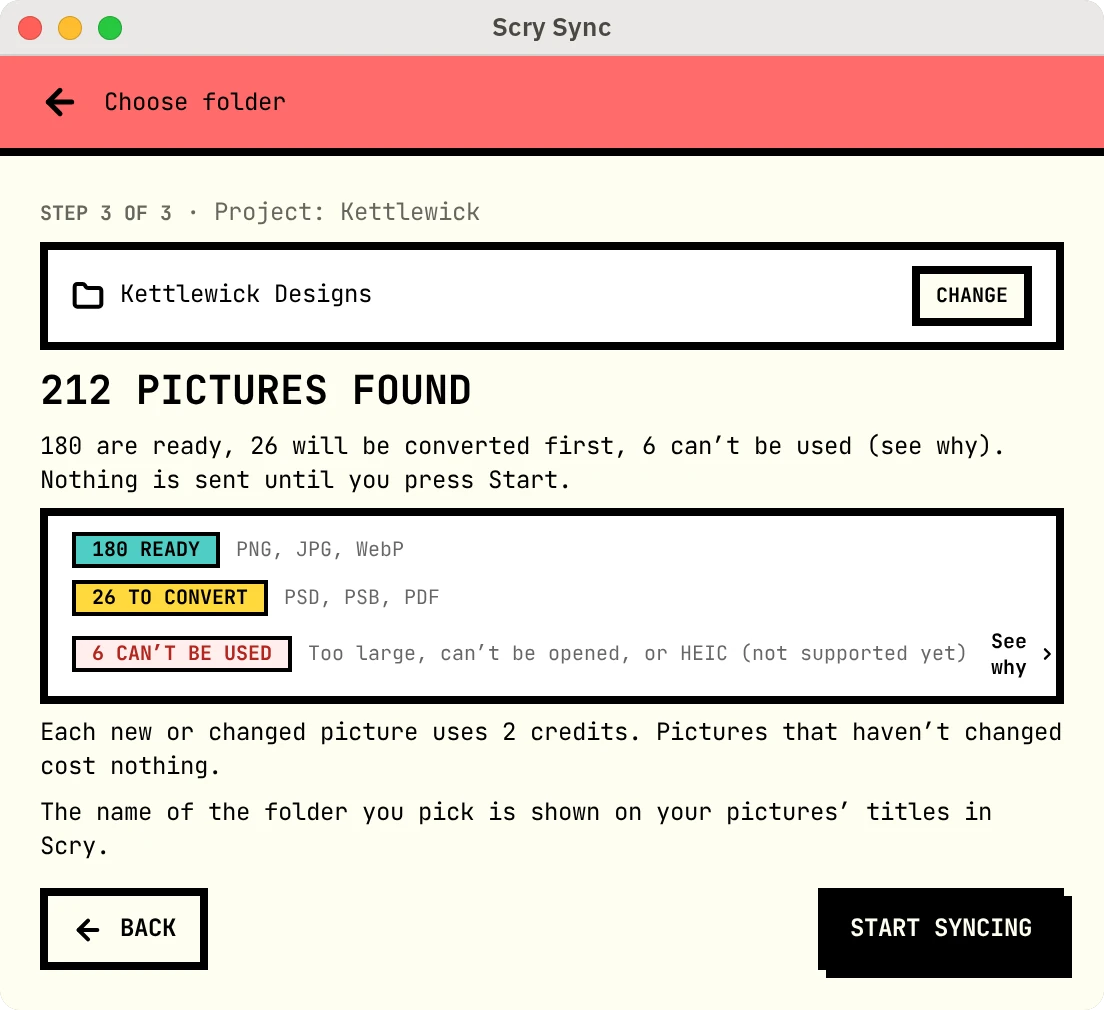 The Scry Sync app after it scans a folder: 212 pictures found, 180 ready, 26 to convert first and 6 that can't be used, with a Start syncing button