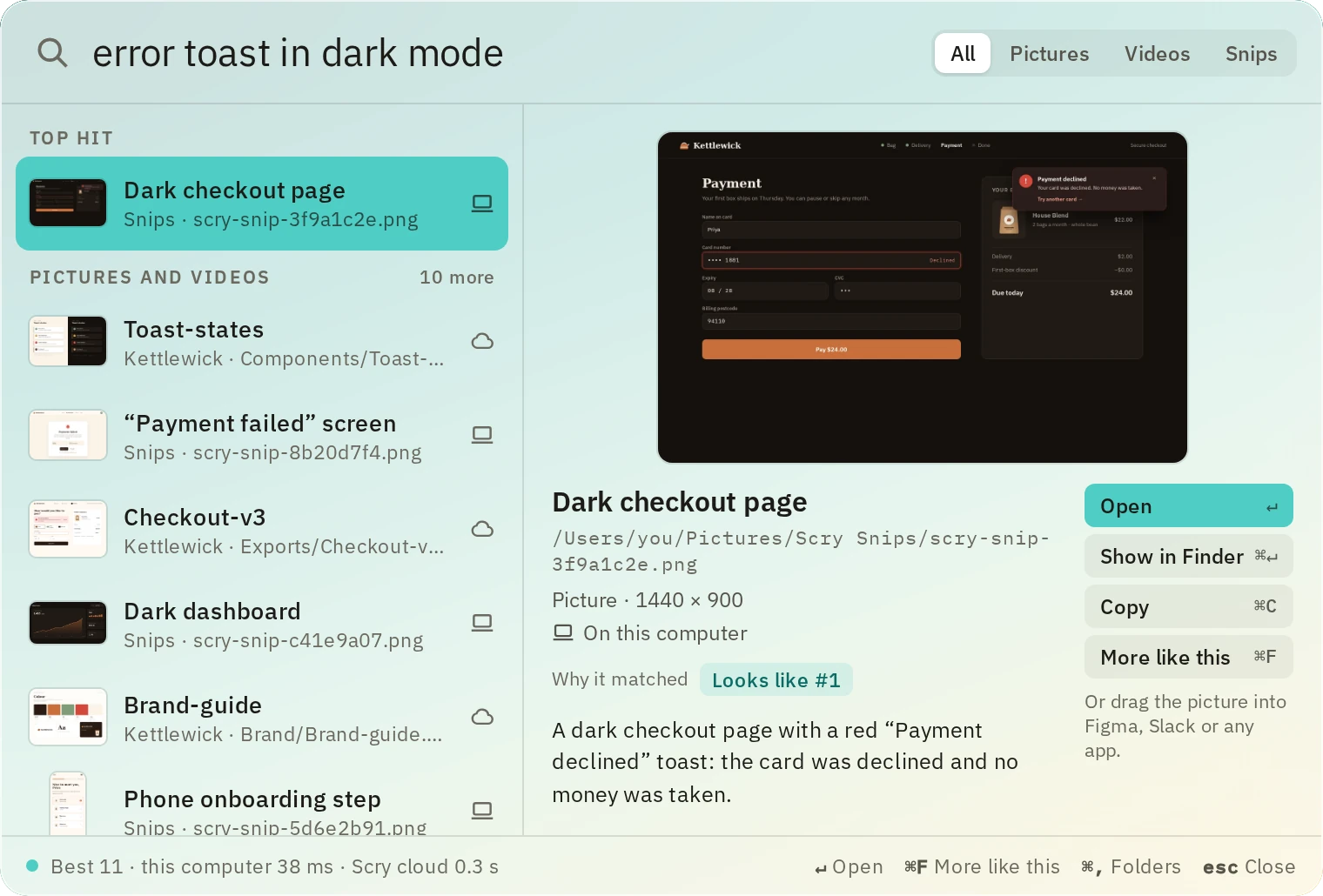 Scry search in the Scry Sync app: “error toast in dark mode” typed in, a snip of a dark checkout page as the top hit, and design files from a synced folder below it