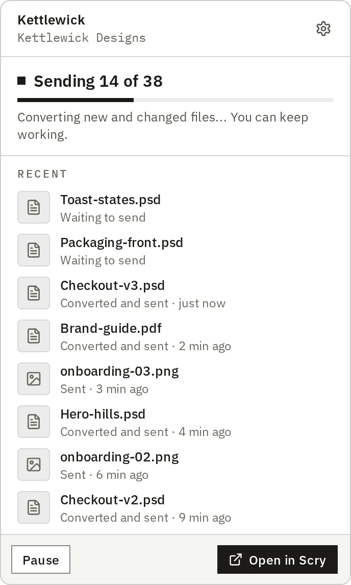 The Scry Sync menu bar window while a folder syncs: sending 14 of 38, with each recent file marked waiting to send, converted and sent, or sent